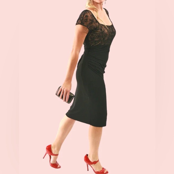 LACE CAP SLEEVE DRESS BLACK - Picture 2 of 9